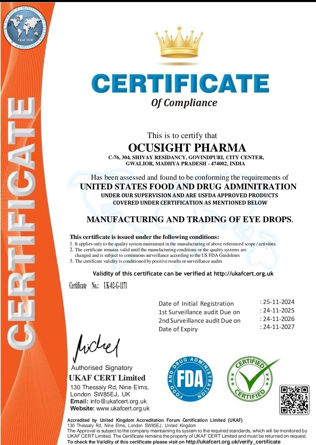FDA Compliance Certificate - Ocusight Pharma®
