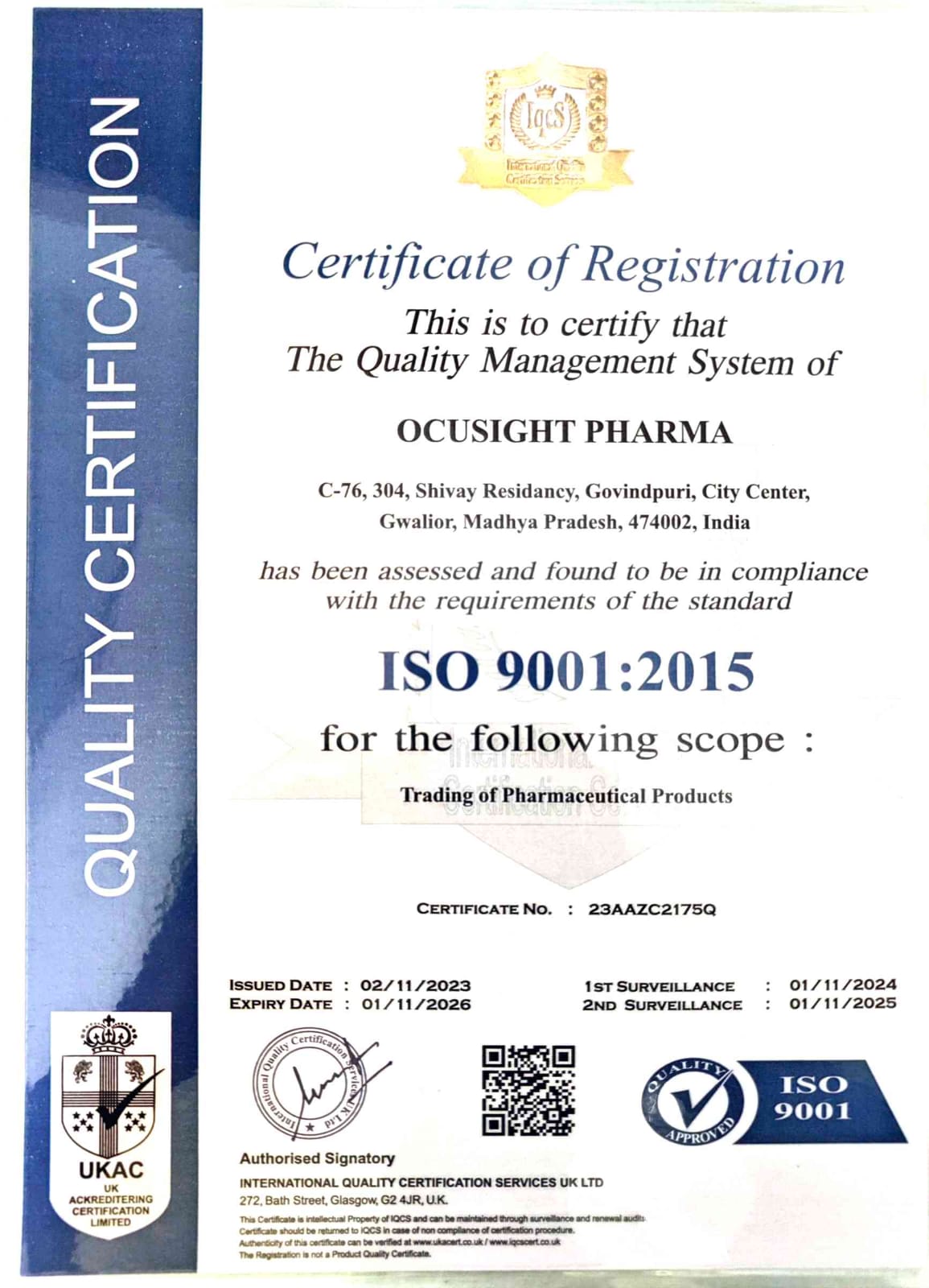 ISO 9001:2015 Certificate - Ocusight Pharma®